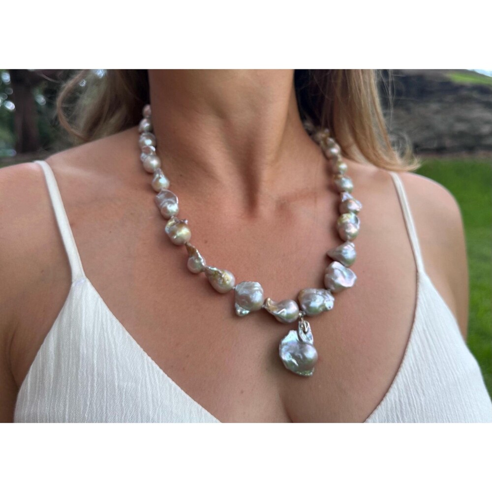 21" Natural Gray Bronze Baroque Pearl Statement Necklace Sterling Silver Clasp